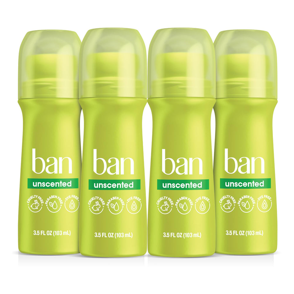 Ban front packaging showing unscented roll-on benefits and size