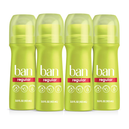 Ban roll-on front packaging showing regular scent and no-white-mark benefit