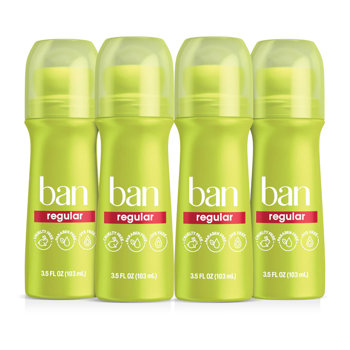 Ban roll-on front packaging showing regular scent and no-white-mark benefit