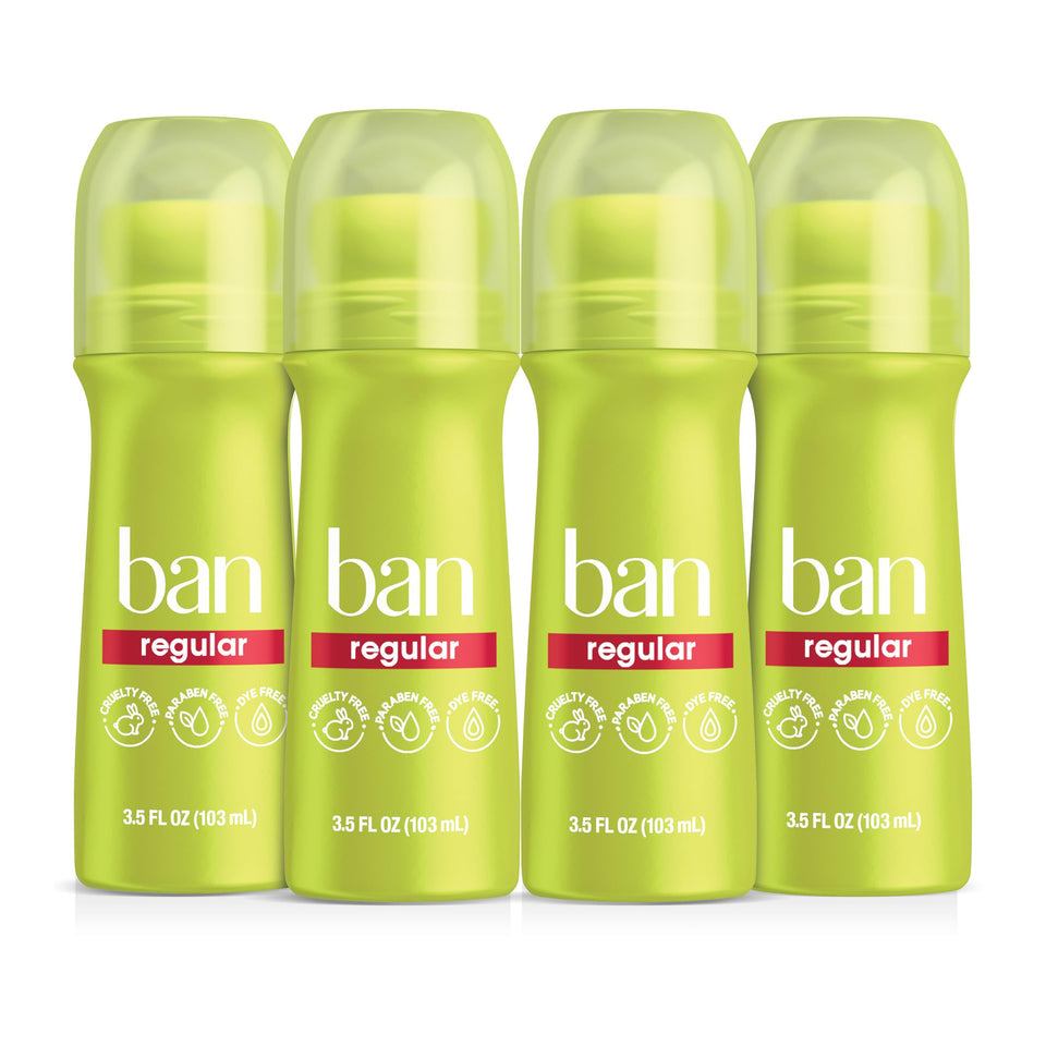 Ban roll-on front packaging showing regular scent and no-white-mark benefit