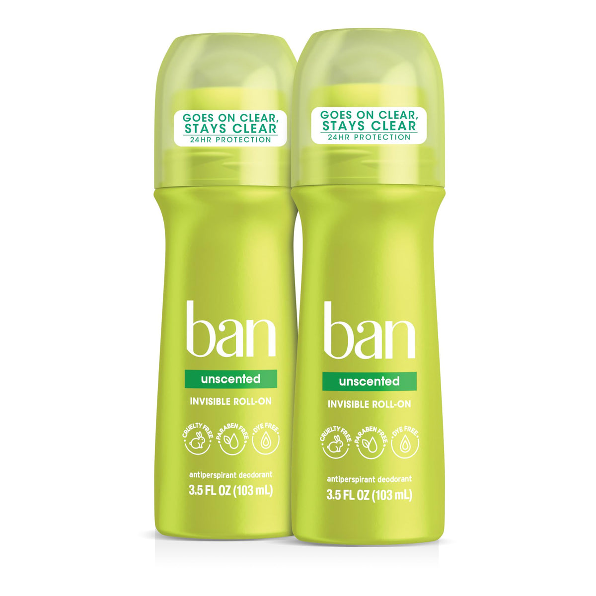 Ban front packaging showing unscented roll-on and 24-hour protection