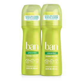 Ban front packaging showing unscented roll-on and 24-hour protection