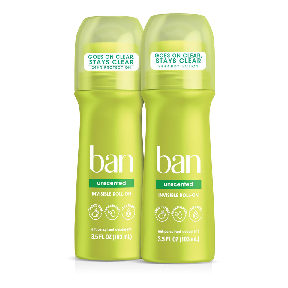 Ban front packaging showing unscented roll-on and 24-hour protection