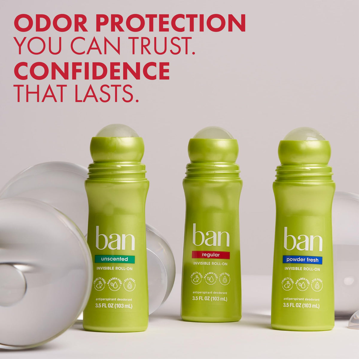 Ban roll-on placed on bathroom counter showing ready-to-use daily confidence benefit