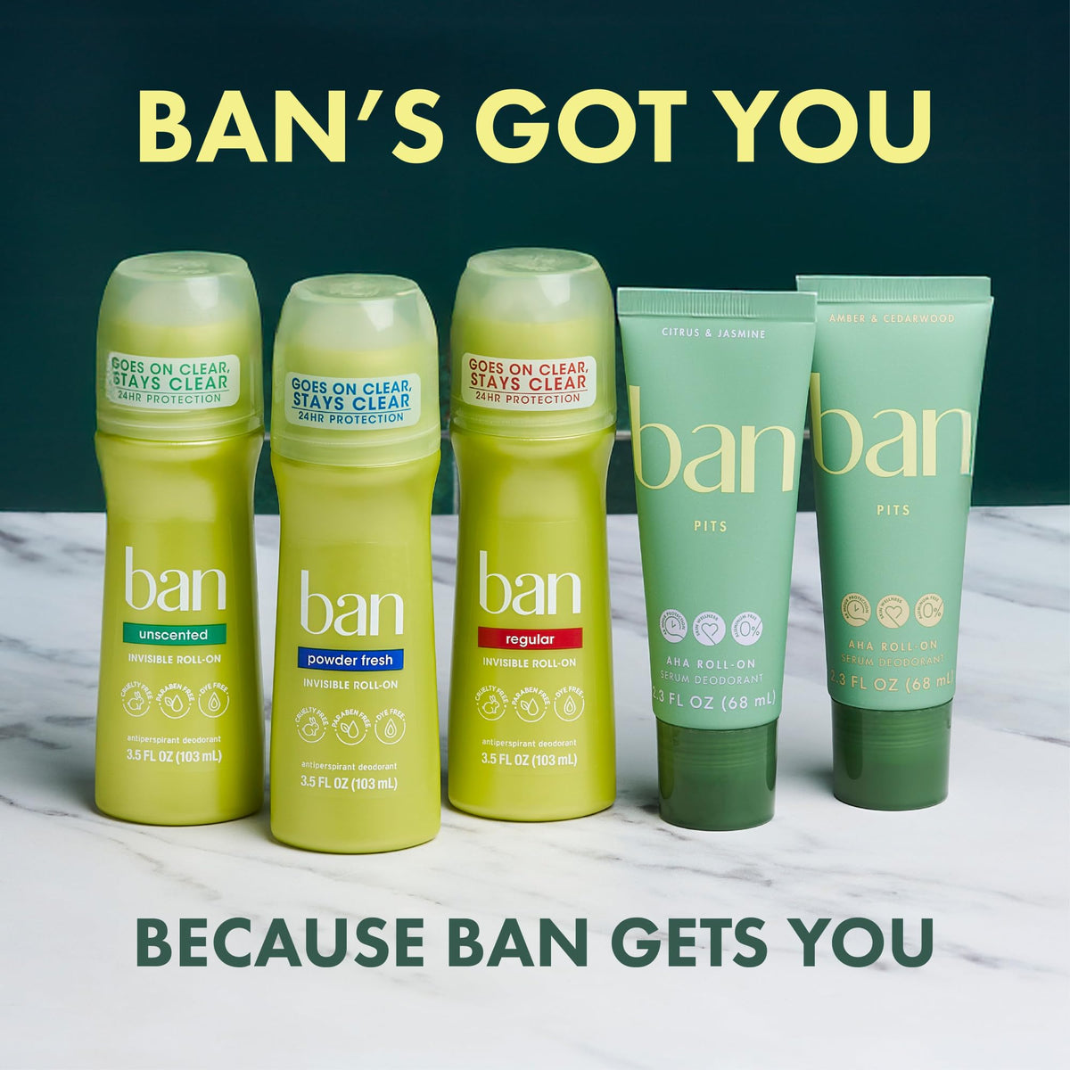Ban roller ball detail showing smooth glide and mess-free application benefit