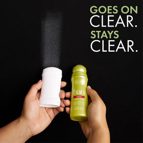 Ban roll-on beside a hand to show compact 3.5 oz size advantage