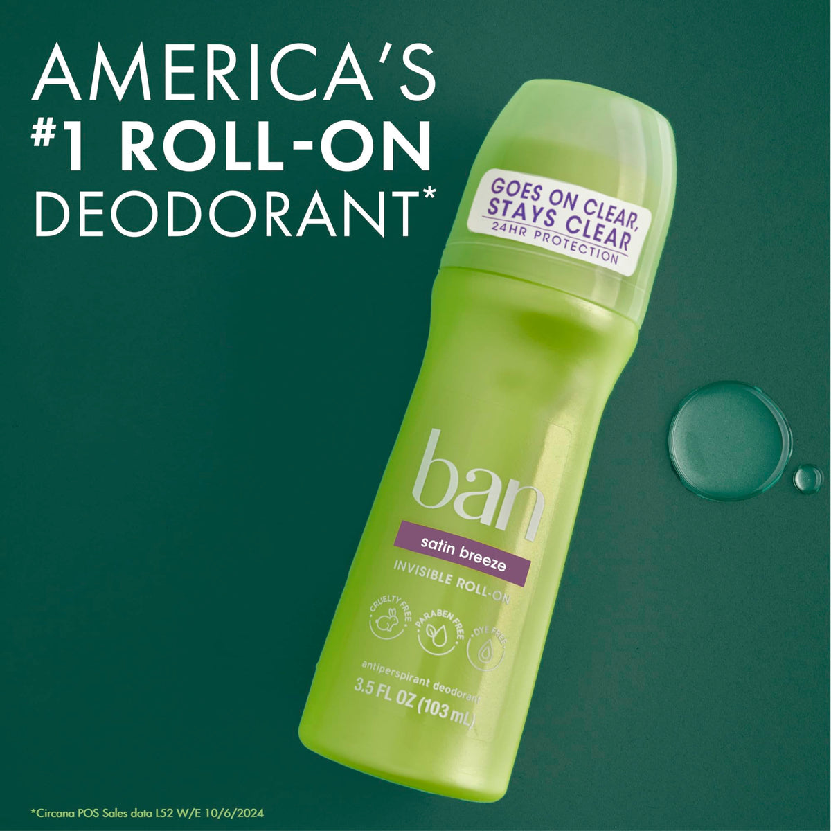 Ban roll-on texture on skin illustrating quick-dry, non-greasy comfort
