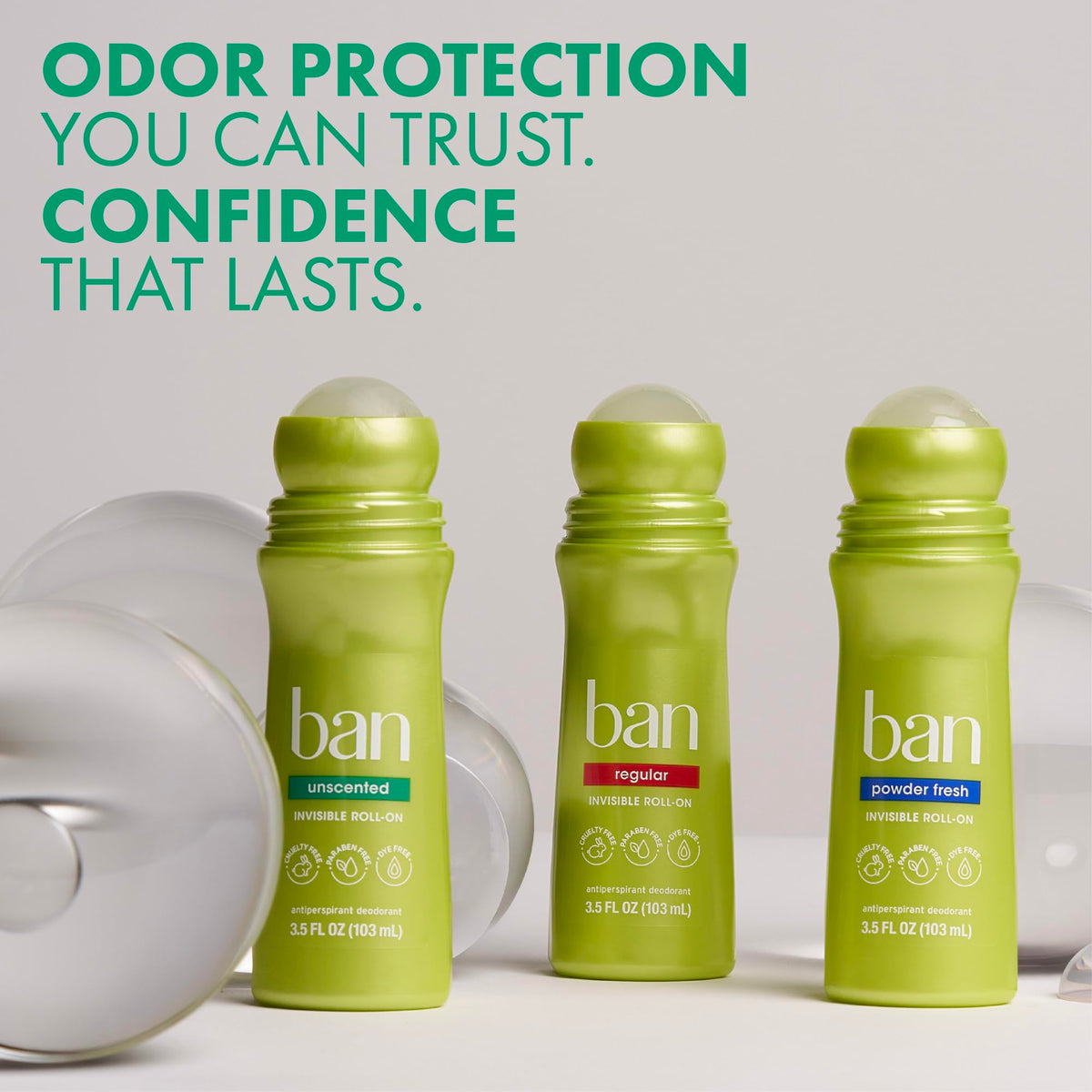 Ban applying roll-on underarm demonstrating quick, no-drip application