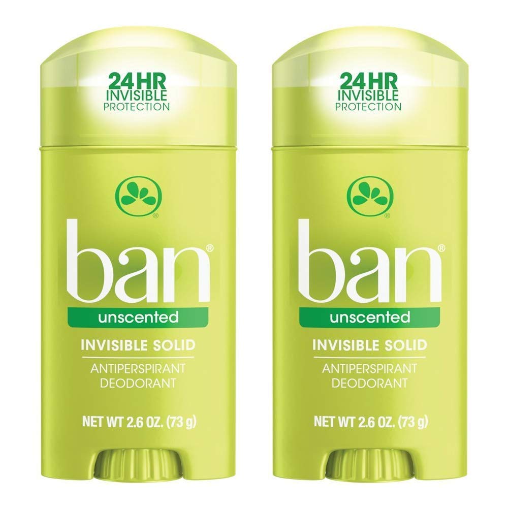 Ban unscented front view showing compact stick and clear finish benefit