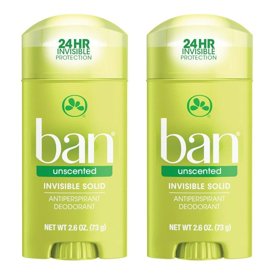 Ban unscented front view showing compact stick and clear finish benefit