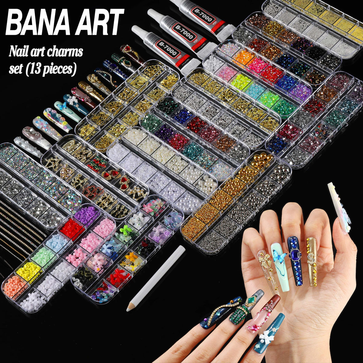 BANA ART open organizer boxes displaying sorted rhinestones and 3D charms for easy access