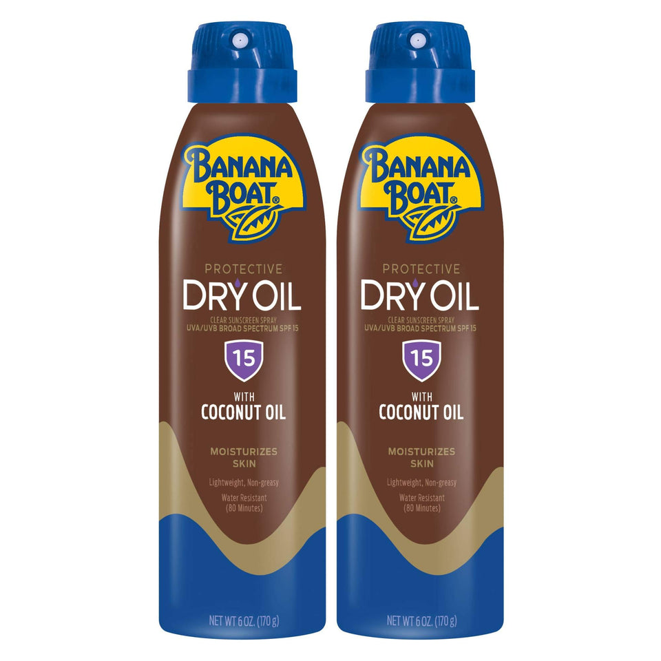Banana Boat front packaging showing twin 6oz dry oil SPF 15 bottles and benefits