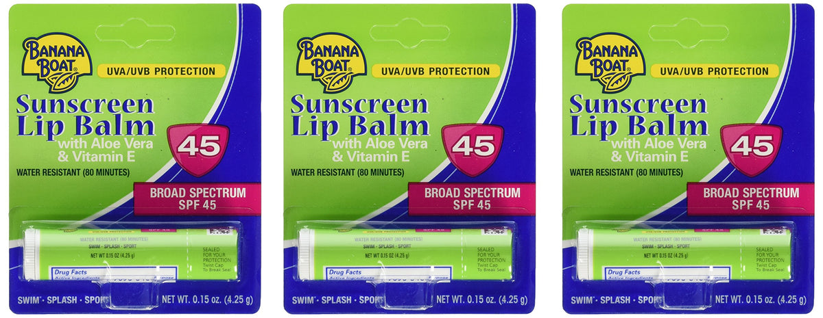 Banana Boat front packaging showing SPF 45 and three-pack convenience for sun protection