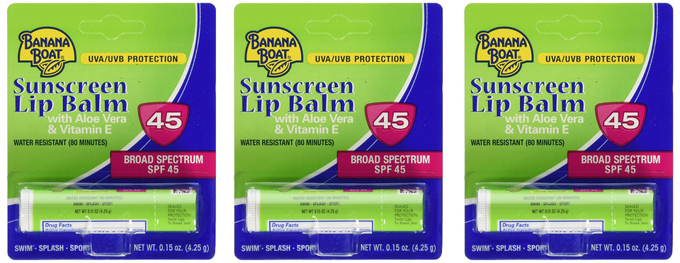 Banana Boat front packaging showing SPF 45 and three-pack convenience for sun protection