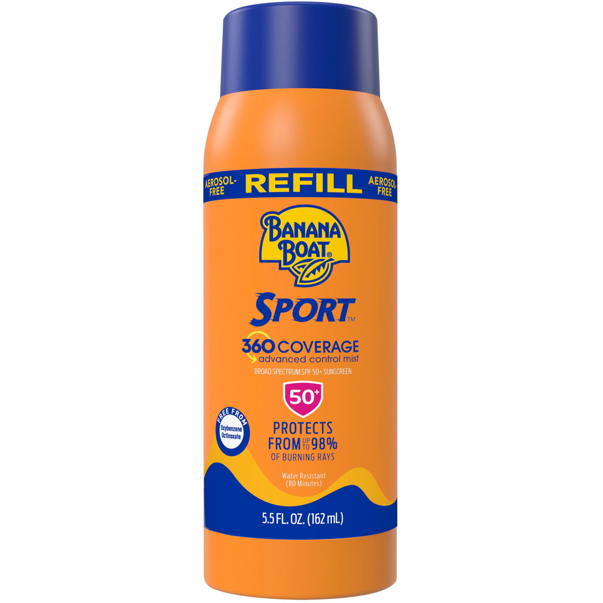 Banana Boat front packaging of Sport 360 refill showing SPF 50 benefit