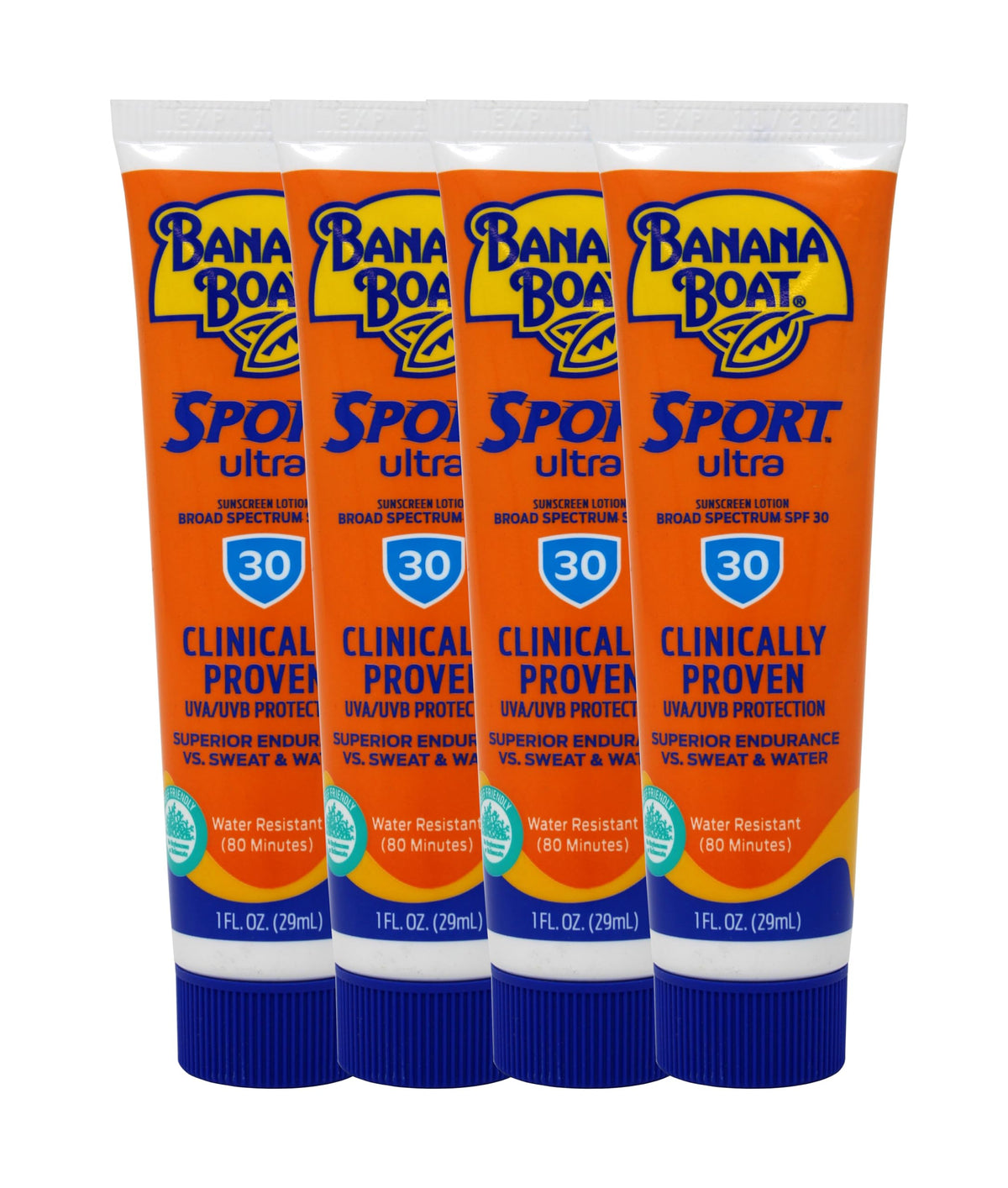 Banana Boat front packaging showing four sport SPF 30 tubes and convenient pack