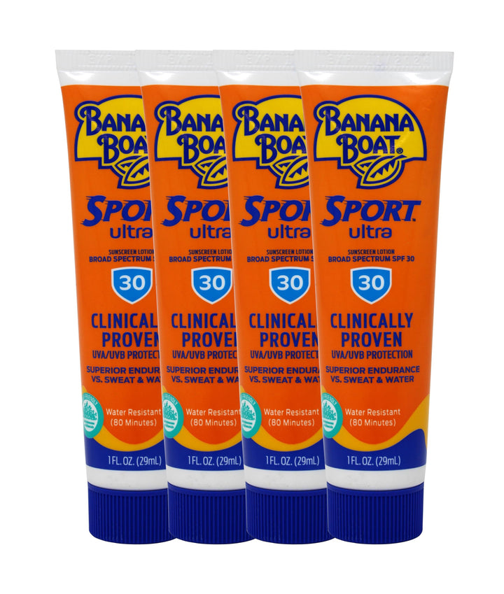 Banana Boat front packaging showing four sport SPF 30 tubes and convenient pack