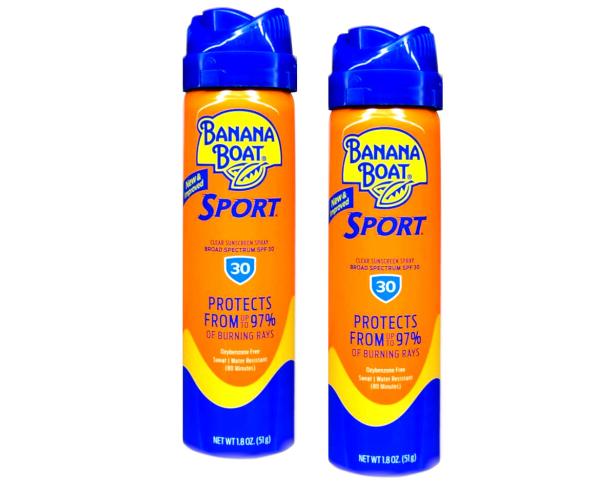 Banana Boat front packaging showing SPF 30 travel spray and easy use benefit