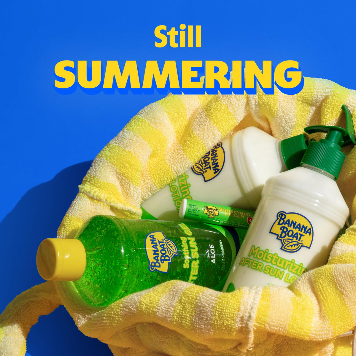 Banana Boat gel on beach towel showing post-beach cooling and comfort