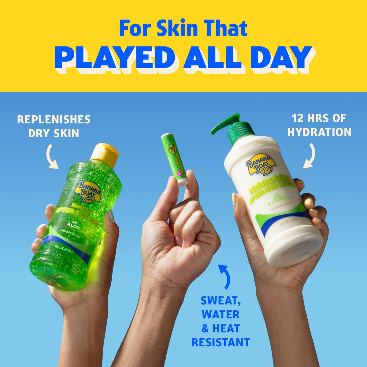 Banana Boat label detail highlighting aloe and vitamin E benefits