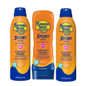 Banana Boat pack front view showing sprays and lotion, ready for active days
