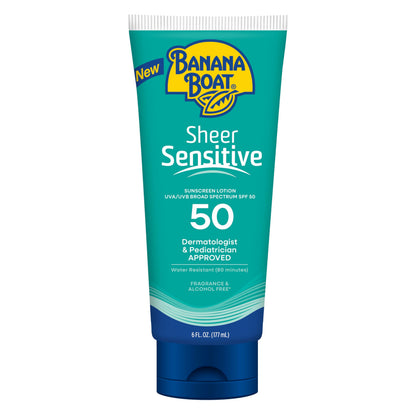 Banana Boat front packaging showing SPF 50 and sheer finish benefits