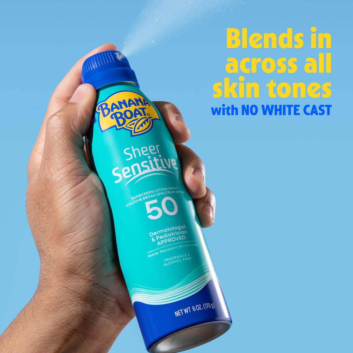 Banana Boat spray being applied to arm demonstrating easy coverage