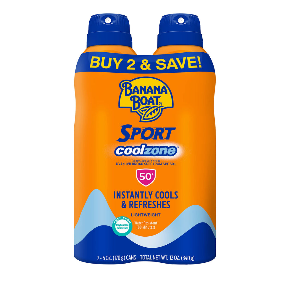 Banana Boat front packaging of twin pack showing SPF 50 and cooling benefit
