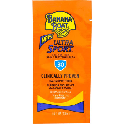 Banana Boat front packet showing SPF 30 and travel-size convenience