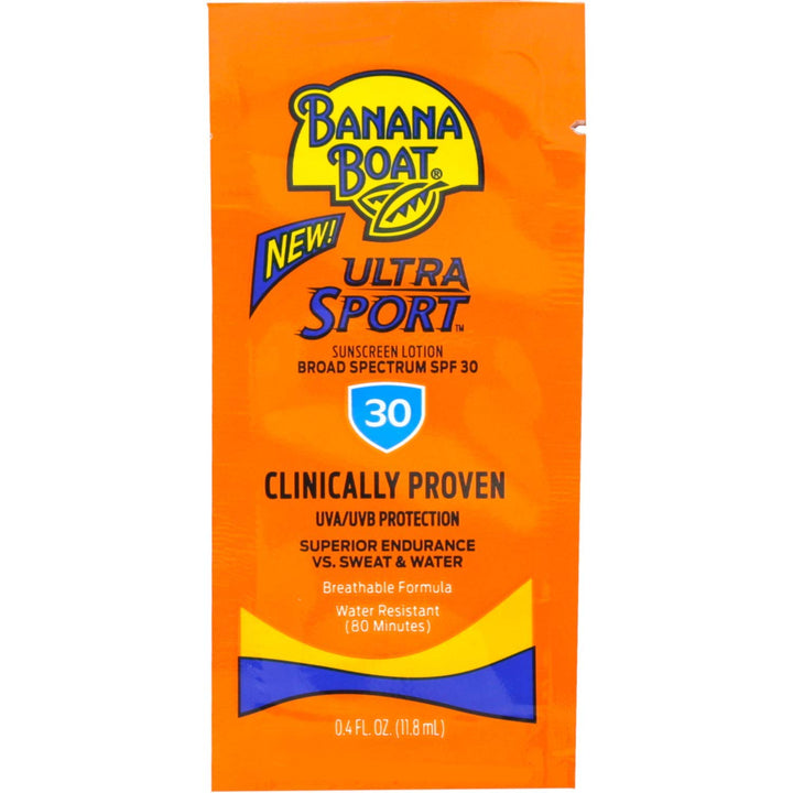 Banana Boat front packet showing SPF 30 and travel-size convenience