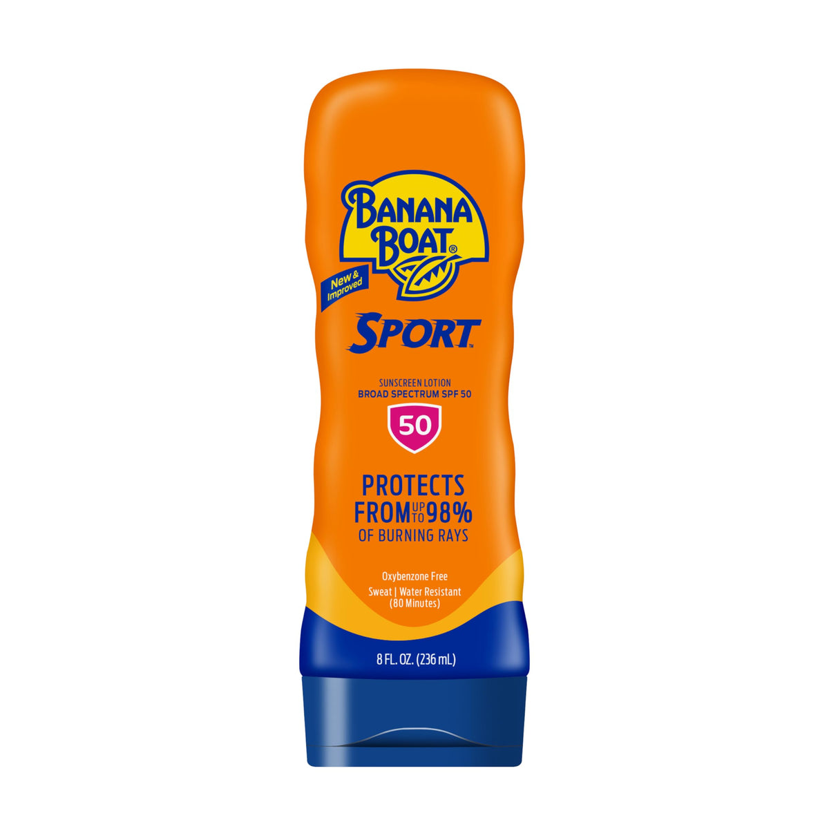 Banana Boat front bottle view showing SPF 50 protection and sport design