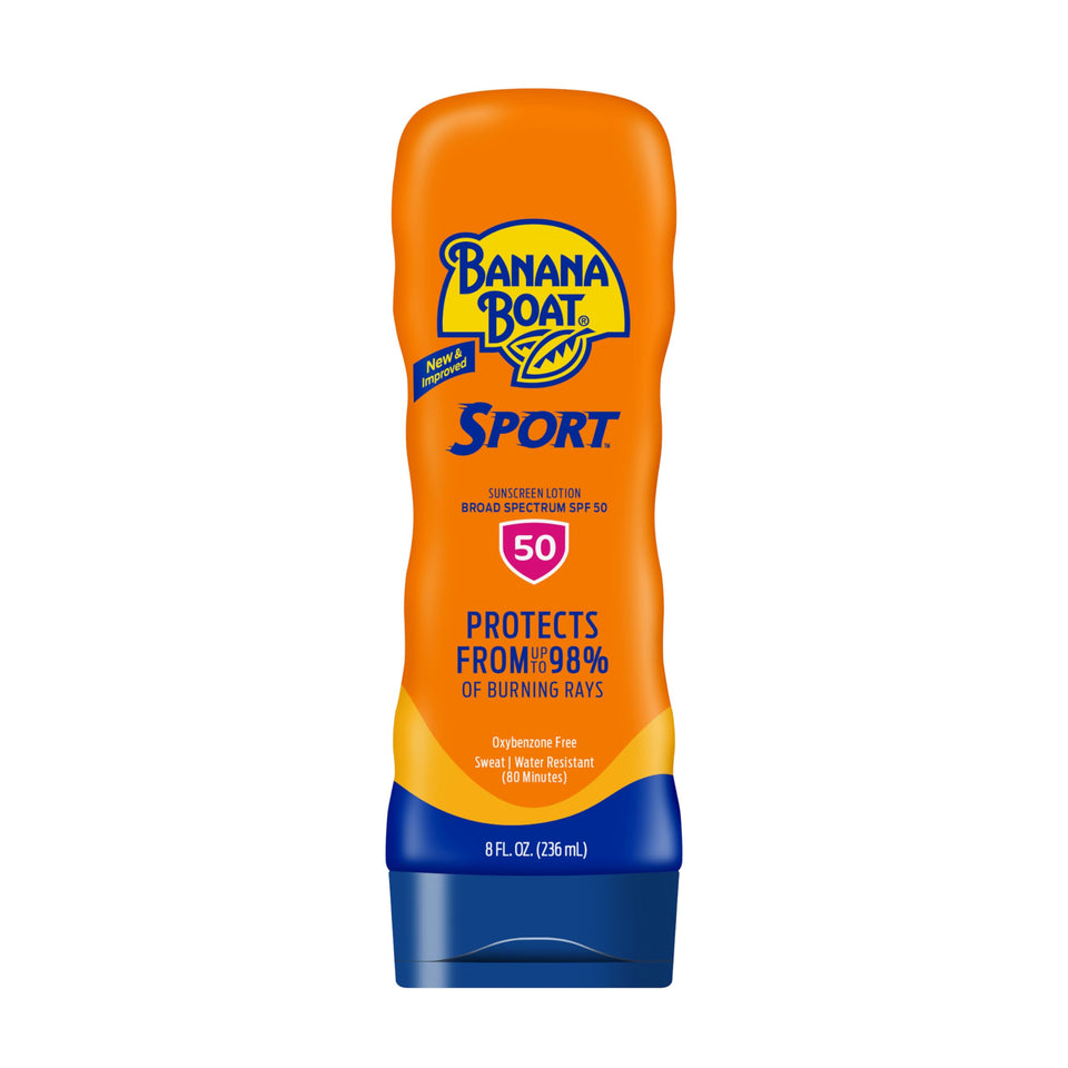 Banana Boat front bottle view showing SPF 50 protection and sport design