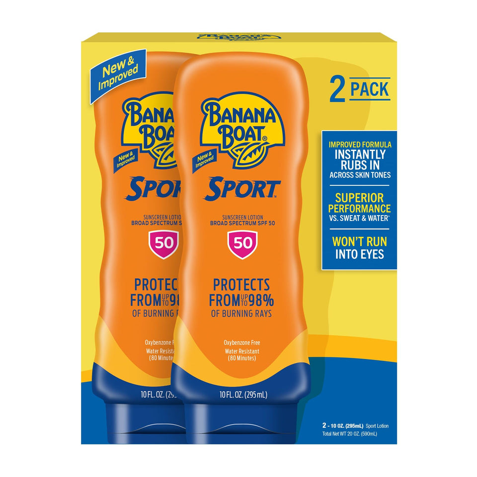 Banana Boat front packaging twin pack showing SPF 50 protection and sport focus