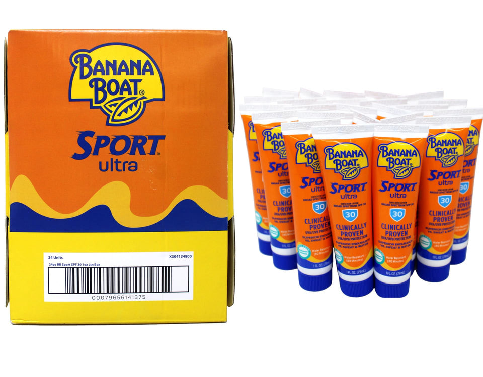 Banana Boat front packaging showing 24-count travel SPF 30 for convenience