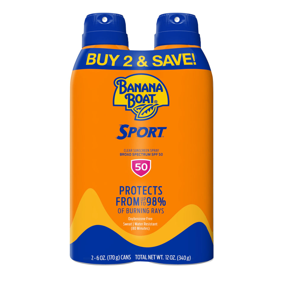 Banana Boat front packaging showing SPF 50 and twin-pack benefit