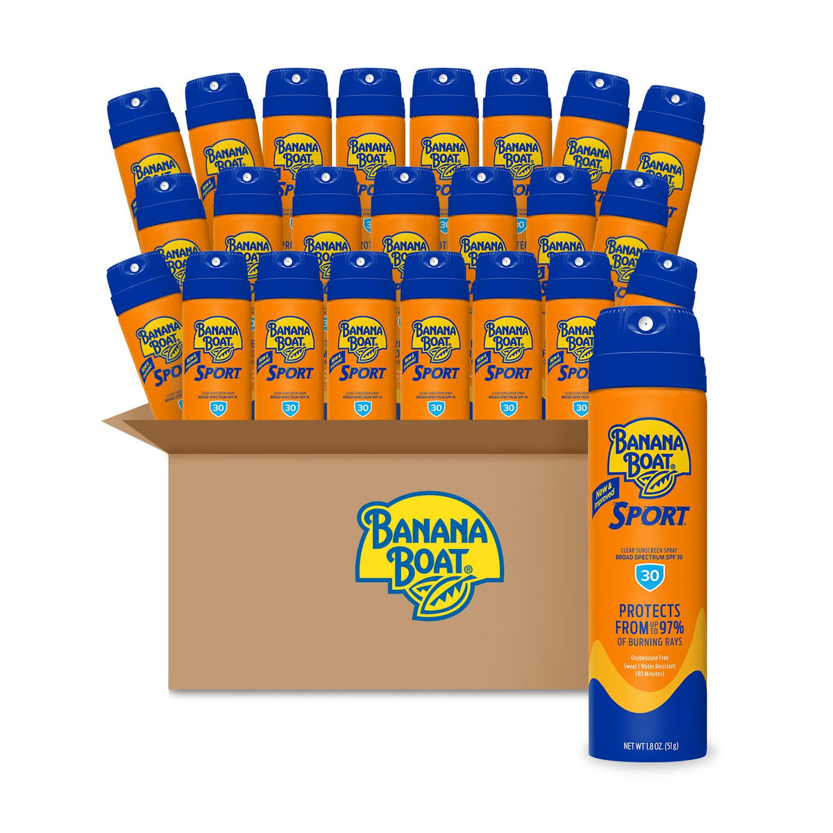 Banana Boat front packaging of 1.8oz sport spray showing SPF 30 benefit