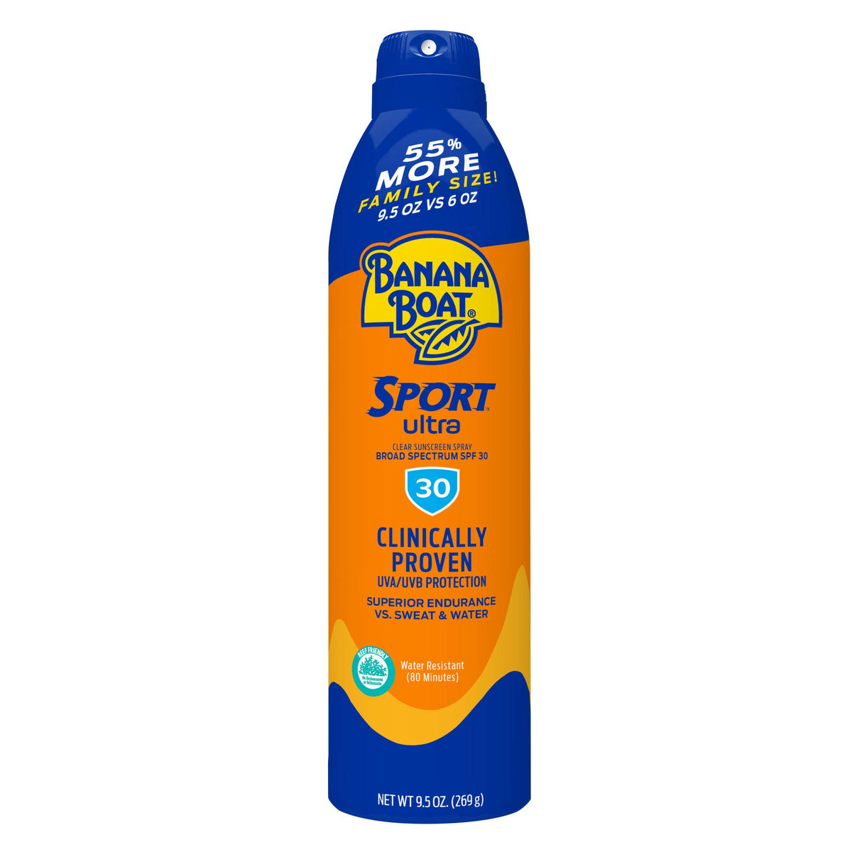 Banana Boat front packaging showing spray can and family-size benefit