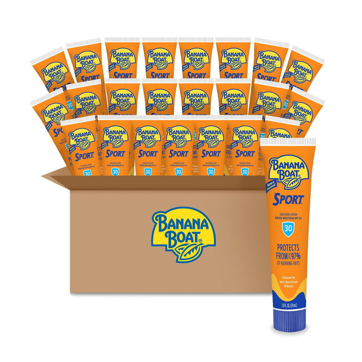 Banana Boat front tube showing SPF 30 and travel size benefit