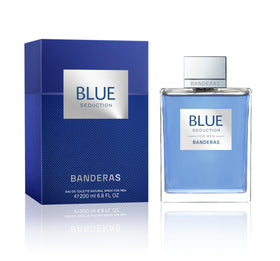Banderas Blue Seduction front bottle showing design and 200 ml size benefit