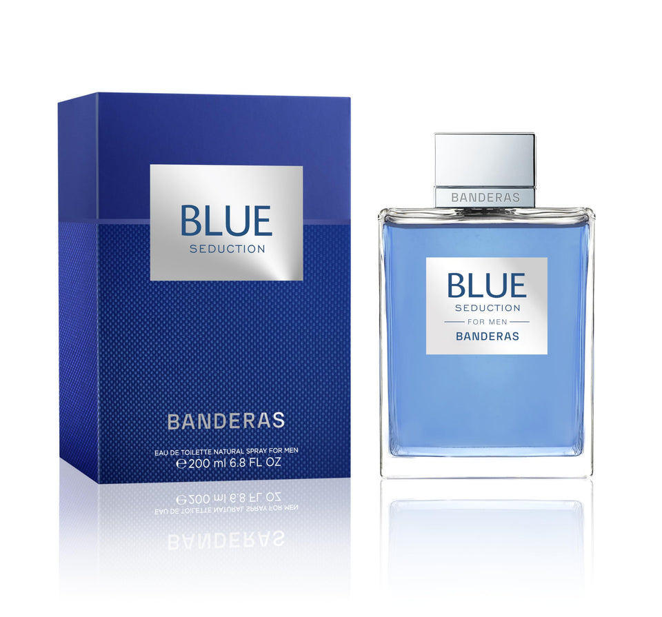 Banderas Blue Seduction front bottle showing design and 200 ml size benefit