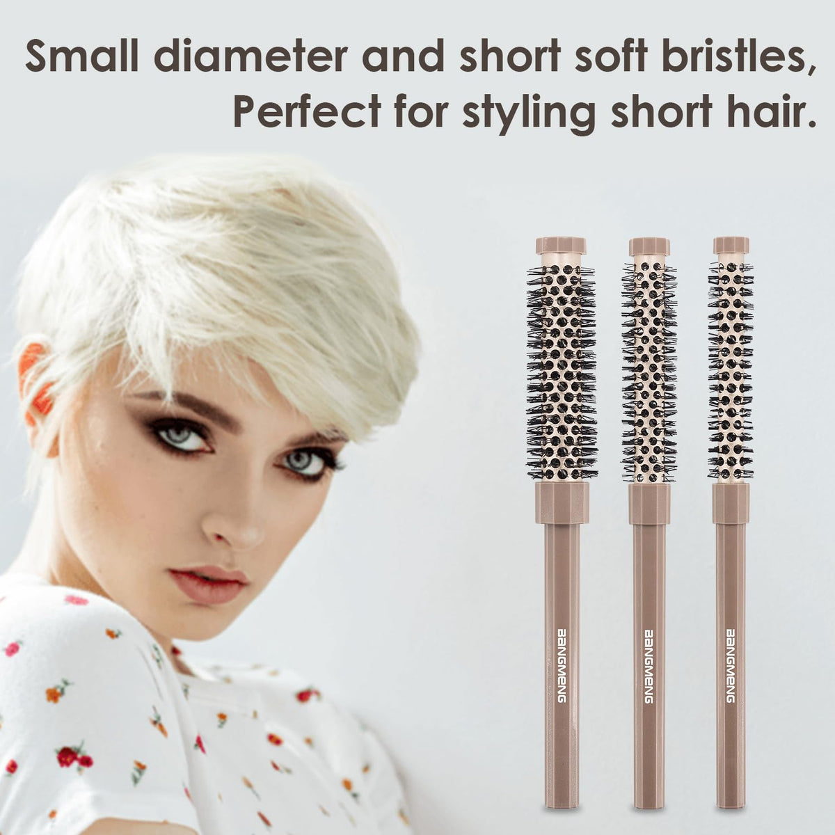 BANGMENG brush in use with blow-dryer creating root lift and curled ends on short hair