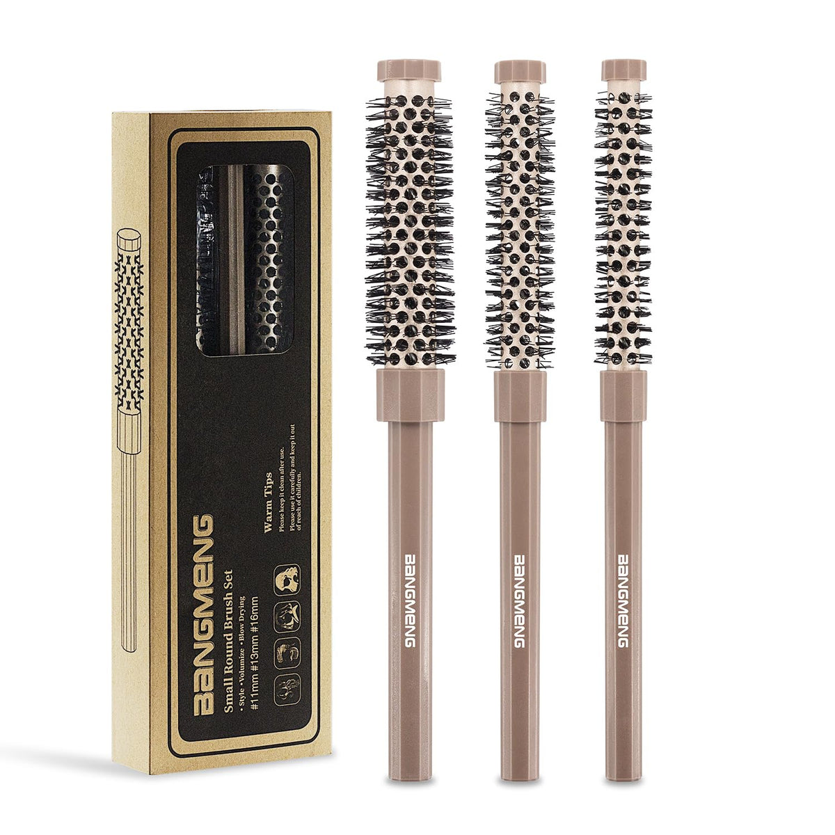 BANGMENG small round brushes front view showing all three sizes for precise styling