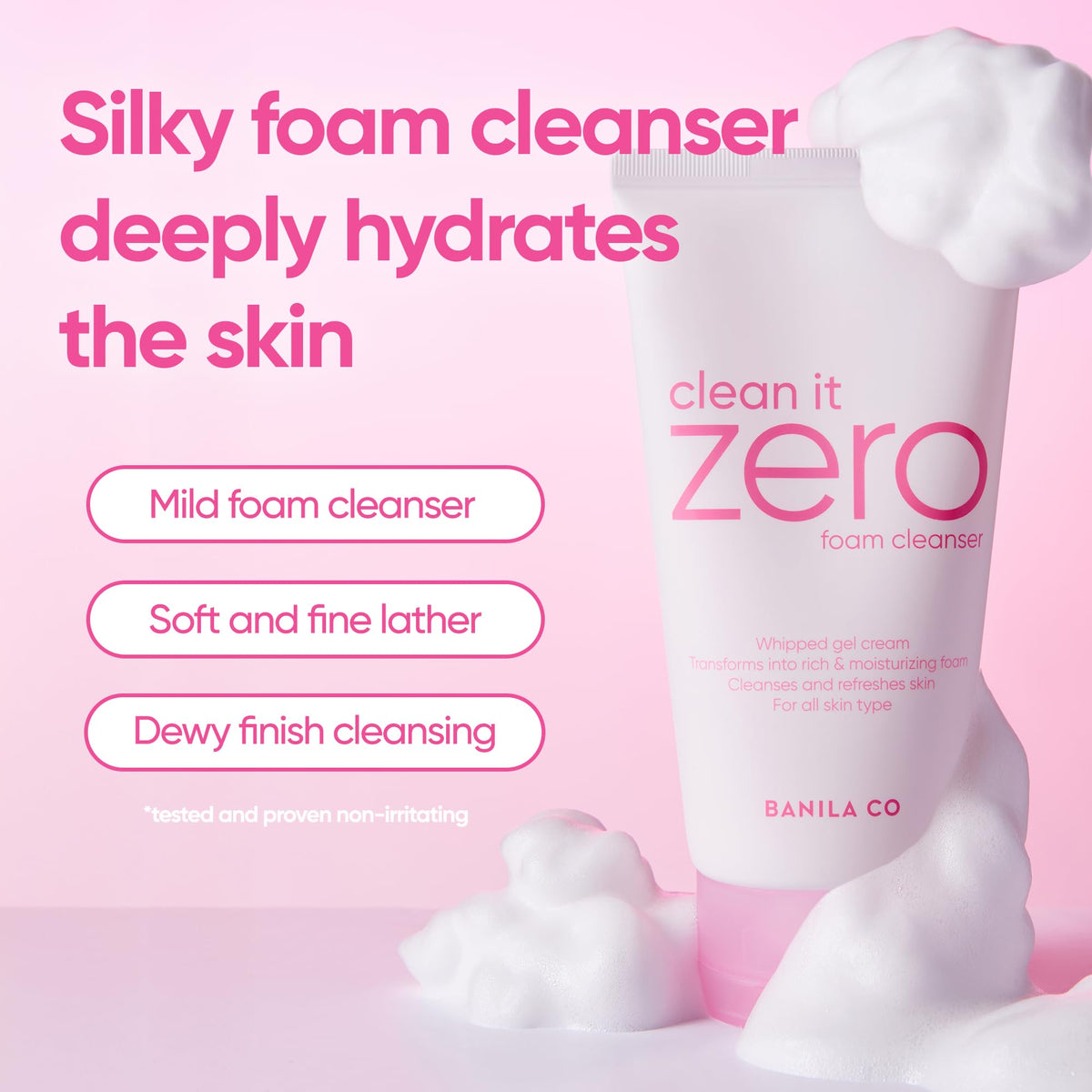 BANILA CO pump dispensing creamy foam texture, demonstrates rich hydration