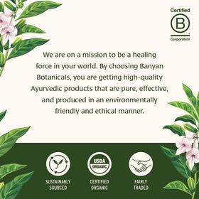 Banyan Botanicals organic certification seal beside third-party lab report