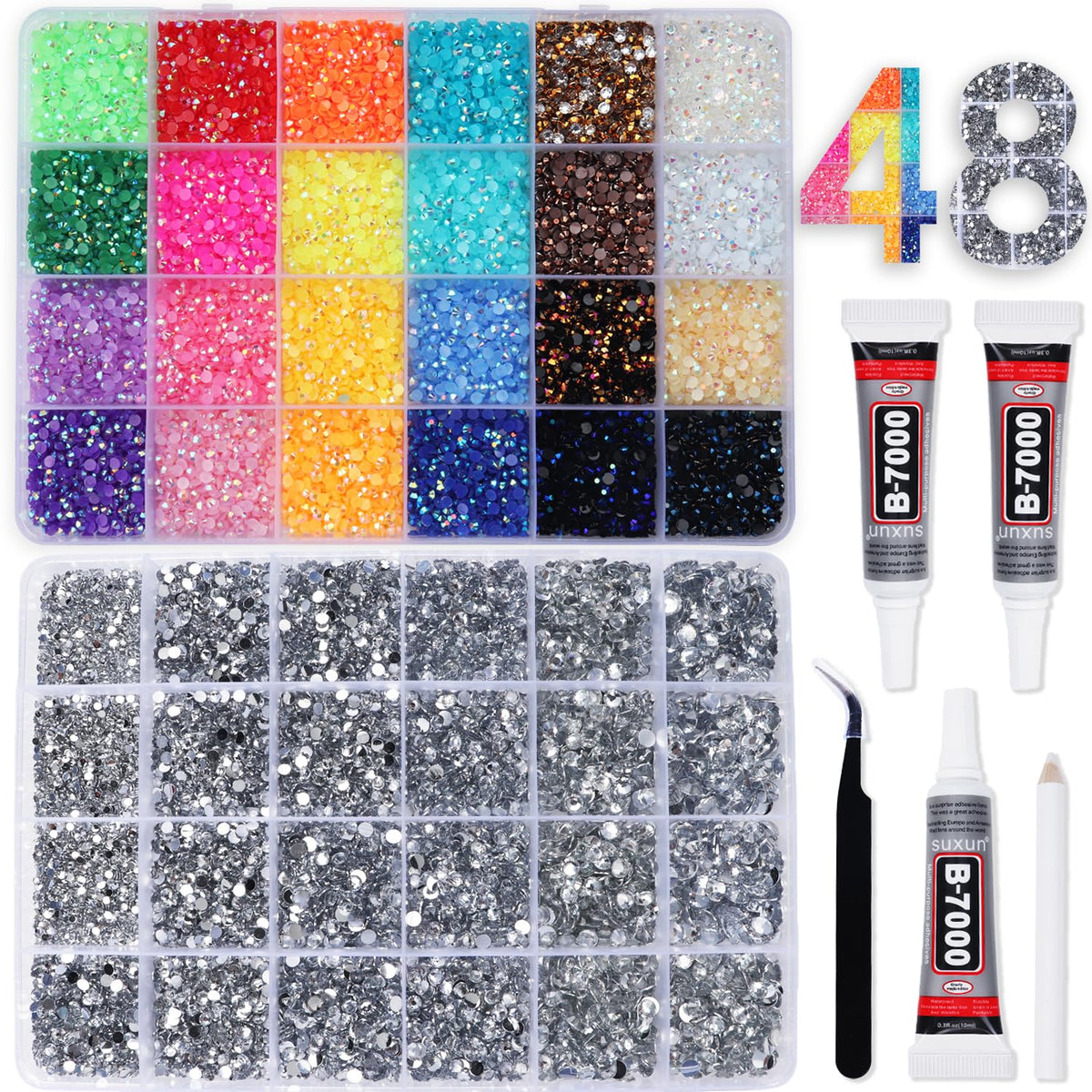 BAOYAALIN front packaging showing two organized rhinestone boxes and tools for quick crafting