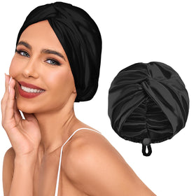 Baqzqudnl front view of black bonnet showing shape and clasp for comfortable fit