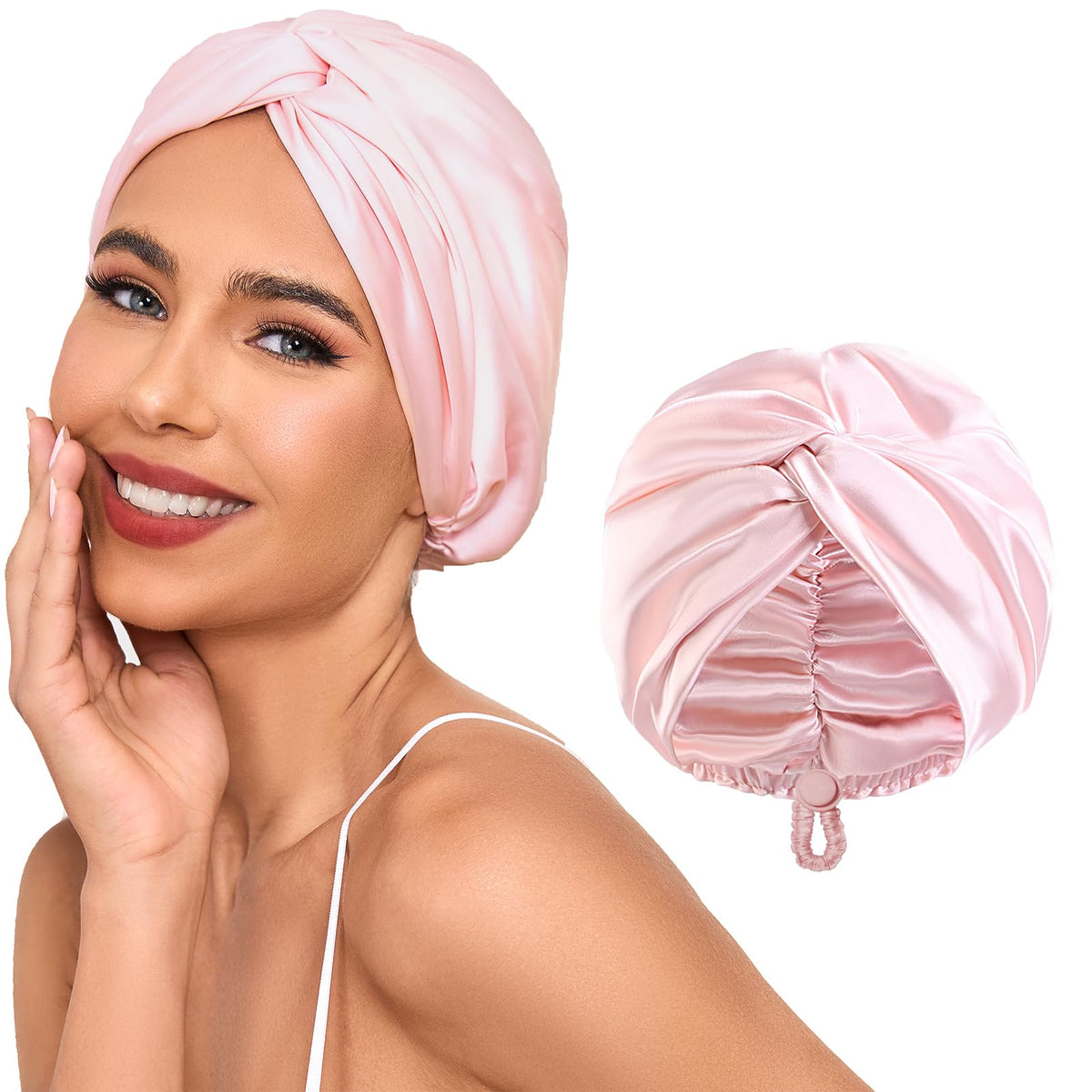 Baqzqudnl pink bonnet front view showing adjustable clasp and elegant finish