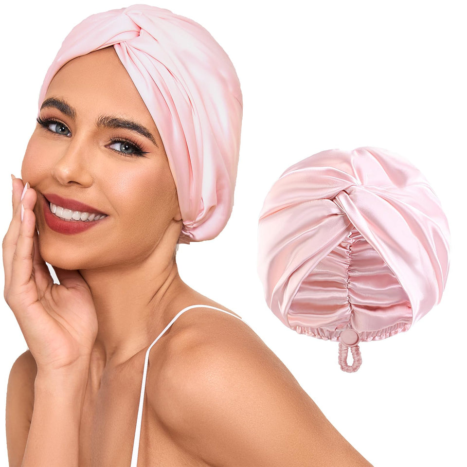 Baqzqudnl pink bonnet front view showing adjustable clasp and elegant finish