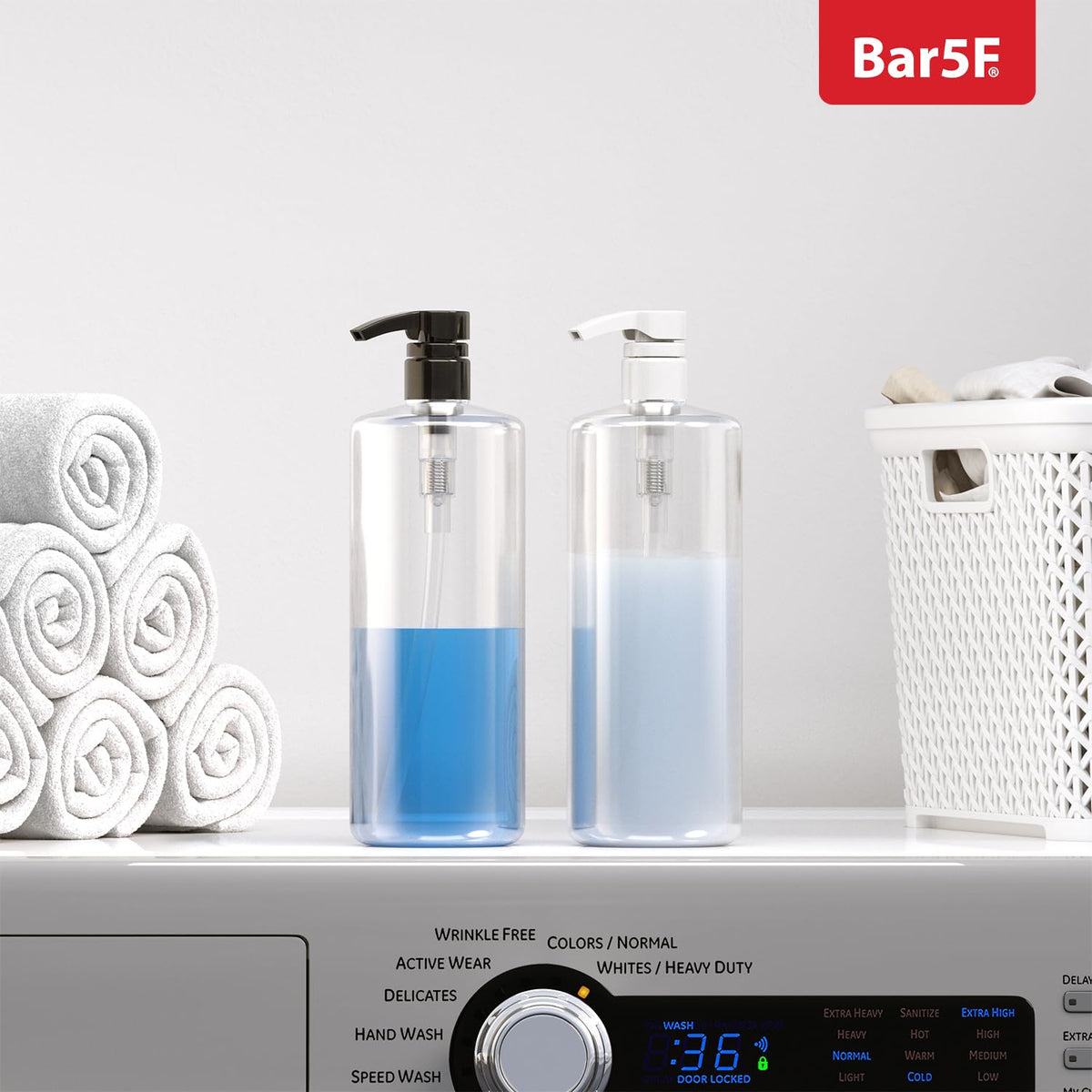 Bar5F pumps in a bathroom setting showing professional look and easy one-handed dispensing