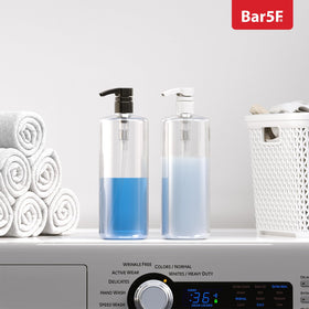 Bar5F pumps in a bathroom setting showing professional look and easy one-handed dispensing
